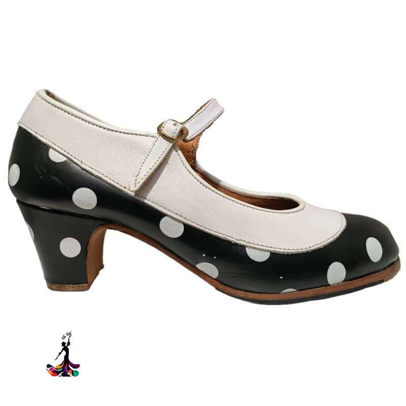 Zapatos Flamencos Profesionales en Piel - Blanco y Negro con Lunares